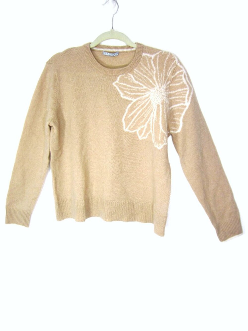 Alashan Size XL L 14 100% Cashmere Sweater NWOT Beige White Flower Crew Neck